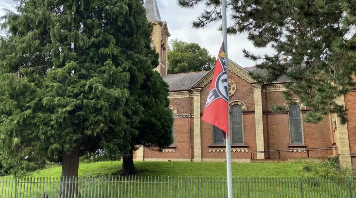 Police Investigate a Number of Nazi Flags Placed Outside Iqraa Mosque, Dunmurry, Belfast, Northern Ireland, United Kingdom - 22 August 2023