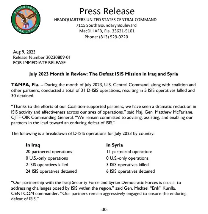 (Statement) US CENTCOM Claims to have Killed 5 Islamic State (IS) Operatives and Detained 30 IS Militants During July 2023 in Iraq and Syria - 9 August 2023