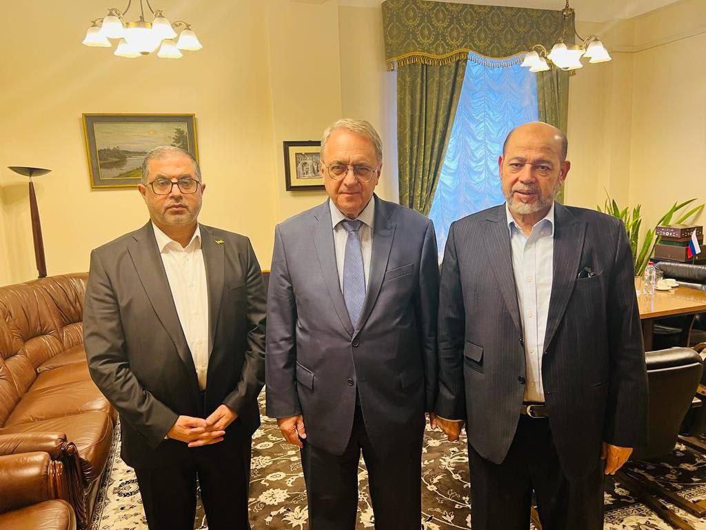 The Iranian representative, Ali Bagheri Kani, Mikhail Bogdanov, and Abu Marzouk, October 2023
