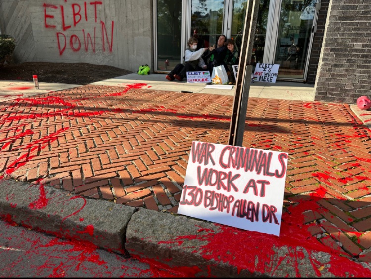 Activists Vandalize the Entrance of Elbit Systems Company with Red Paint, in Support of Palestine, Cambridge, Massachusetts, United States - 12 October 202