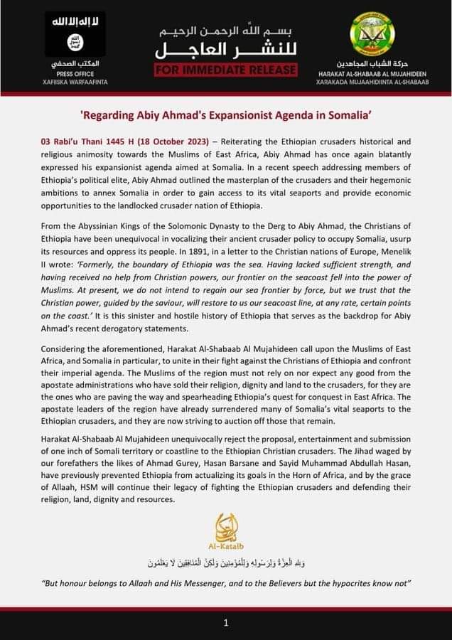TRAC Incident Report: al-Shabaab Calls for Jihad against Ethiopia, Somalia - 19 October 2023