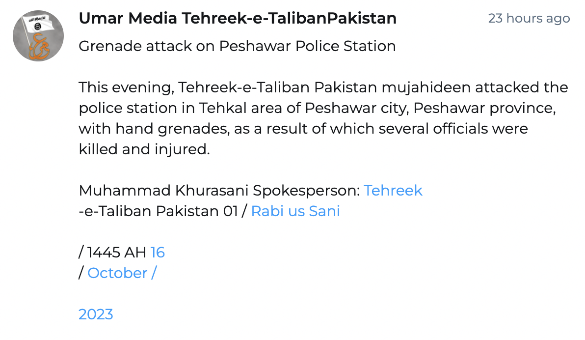 (Claim) Tehreek-e-Taliban Pakistan (TTP) Militants Targeted the Police Station with Grenades, in Tehkal Area, Peshawar Province, Pakistan – 16 October 2023