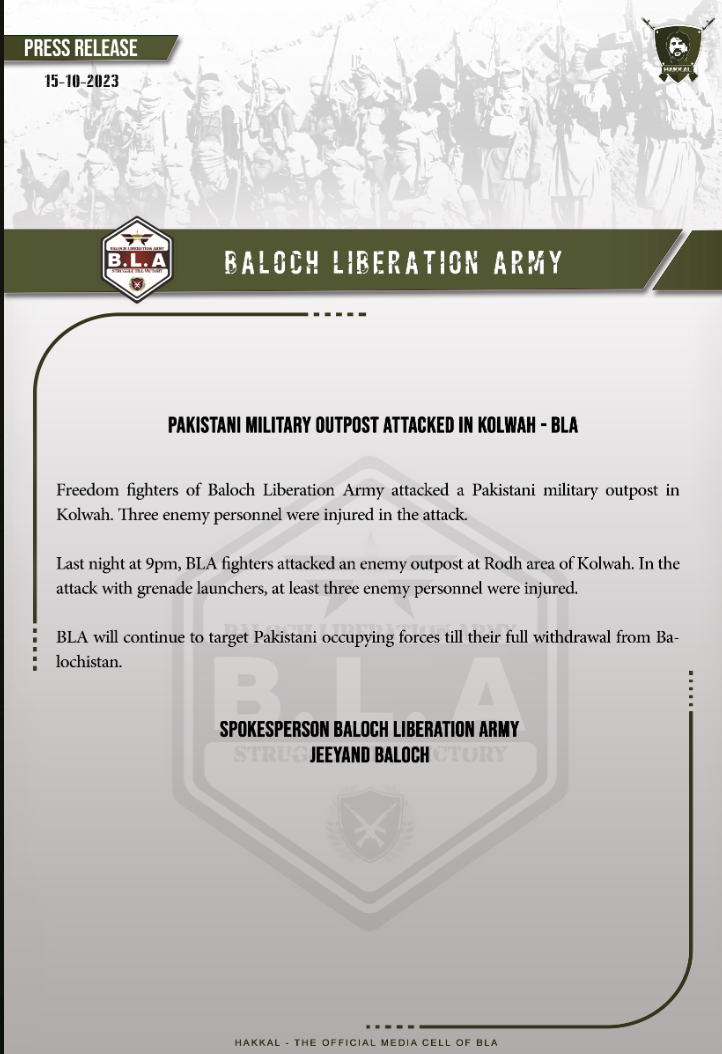 TRAC Incident Report: Baloch Liberation Army (BLA) Carried Out an Armed Assault on a Pakistani Military Outpost in Kolwah, Balochistan, Pakistan - 15 October 2023