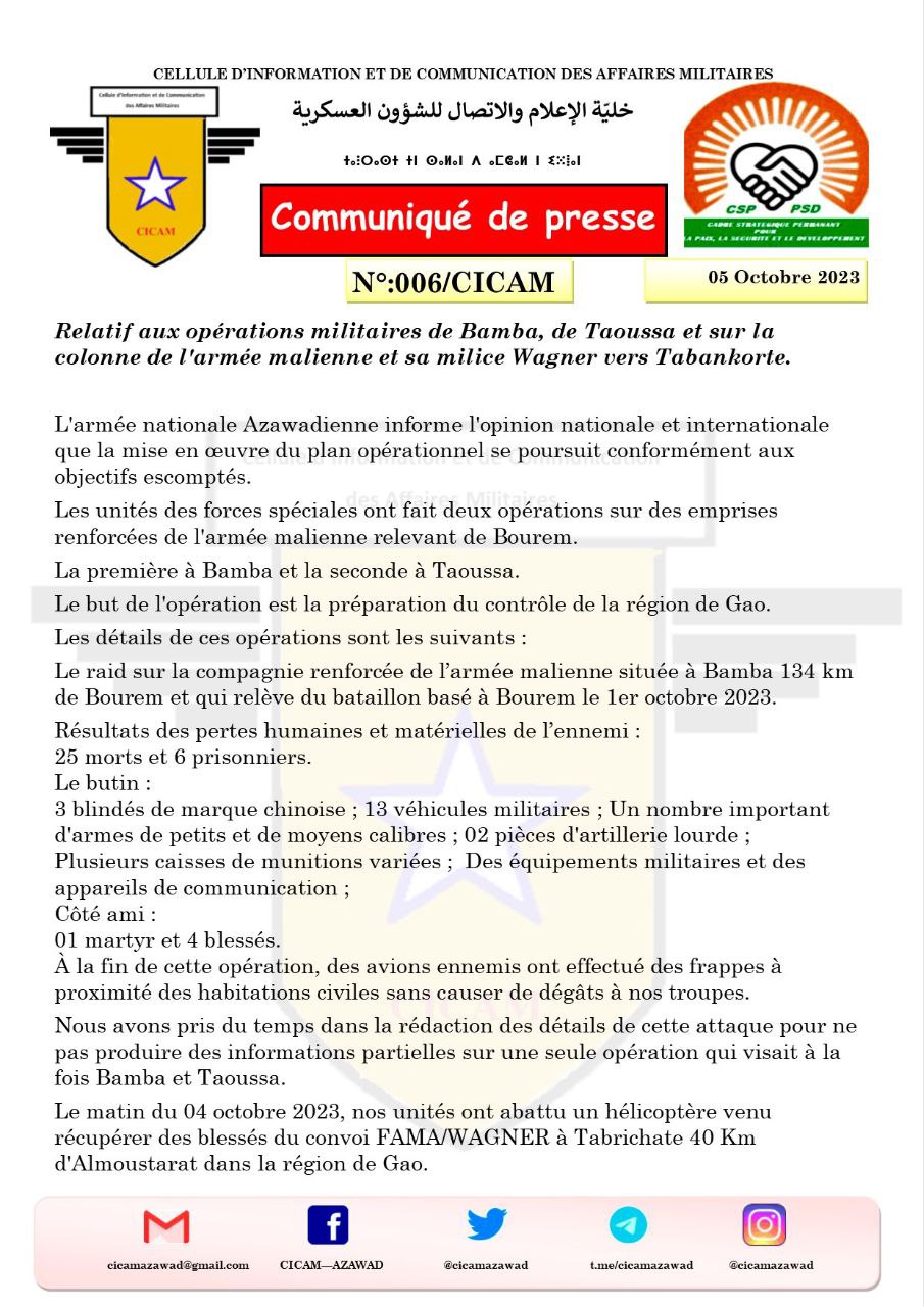 (Statement) Coordination of Azawad Movement (CAM) Publish a Statement Regarding their Military Operations for the Control of Gao Region, Mali - 6 October 2023