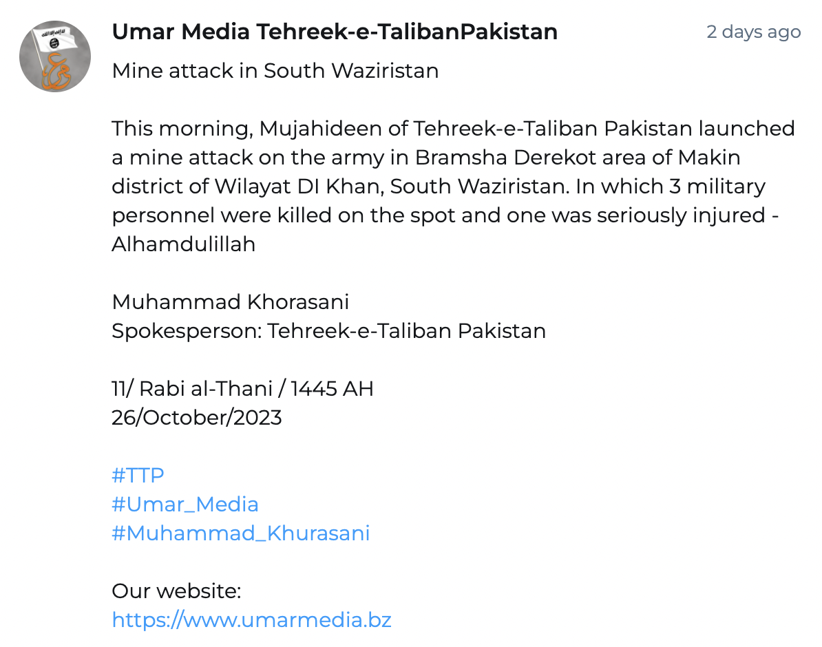 (Claim) Tehreek-e-Taliban Pakistan (TTP) Militants Targeted a Pakistani Army Vehicle with a Mine, in Bramsha Derekot Area of Makin Tehsil, Dera Ismail Khan District, Khyber Pakhtunkhwa, Pakistan – 26 October 2023