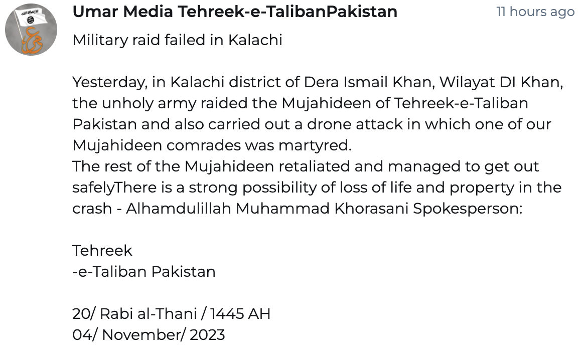 (Claim) Tehreek-e-Taliban Pakistan (TTP) Militants Clashed with Pakistani Military Forces in Kalachi Tehsil, Dera Ismail Khan, Pakistan – 9 October 2023 