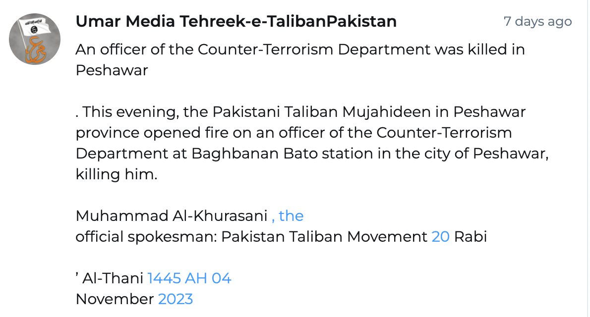 (Claim) Tehreek-e-Taliban Pakistan (TTP) Militants Assassinated a Officer of the Counter-Terrorism Department, at Baghbanan Bato Station, Peshawar Province, Pakistan – 4 November 2023 