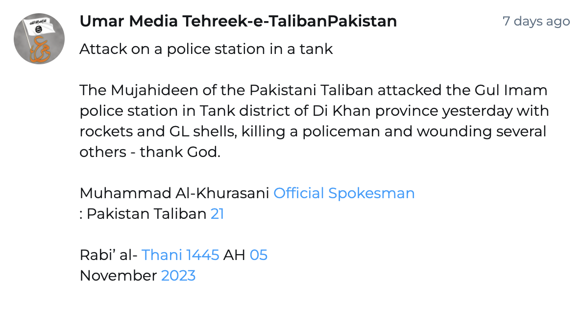 (Claim) Tehreek-e-Taliban Pakistan (TTP) Militants Armed Assault on the Gul Imam Police Station, Tank Tehsil, DI Khan Province, Khyber Pakhtunkhwa, Pakistan – 5 November 2023