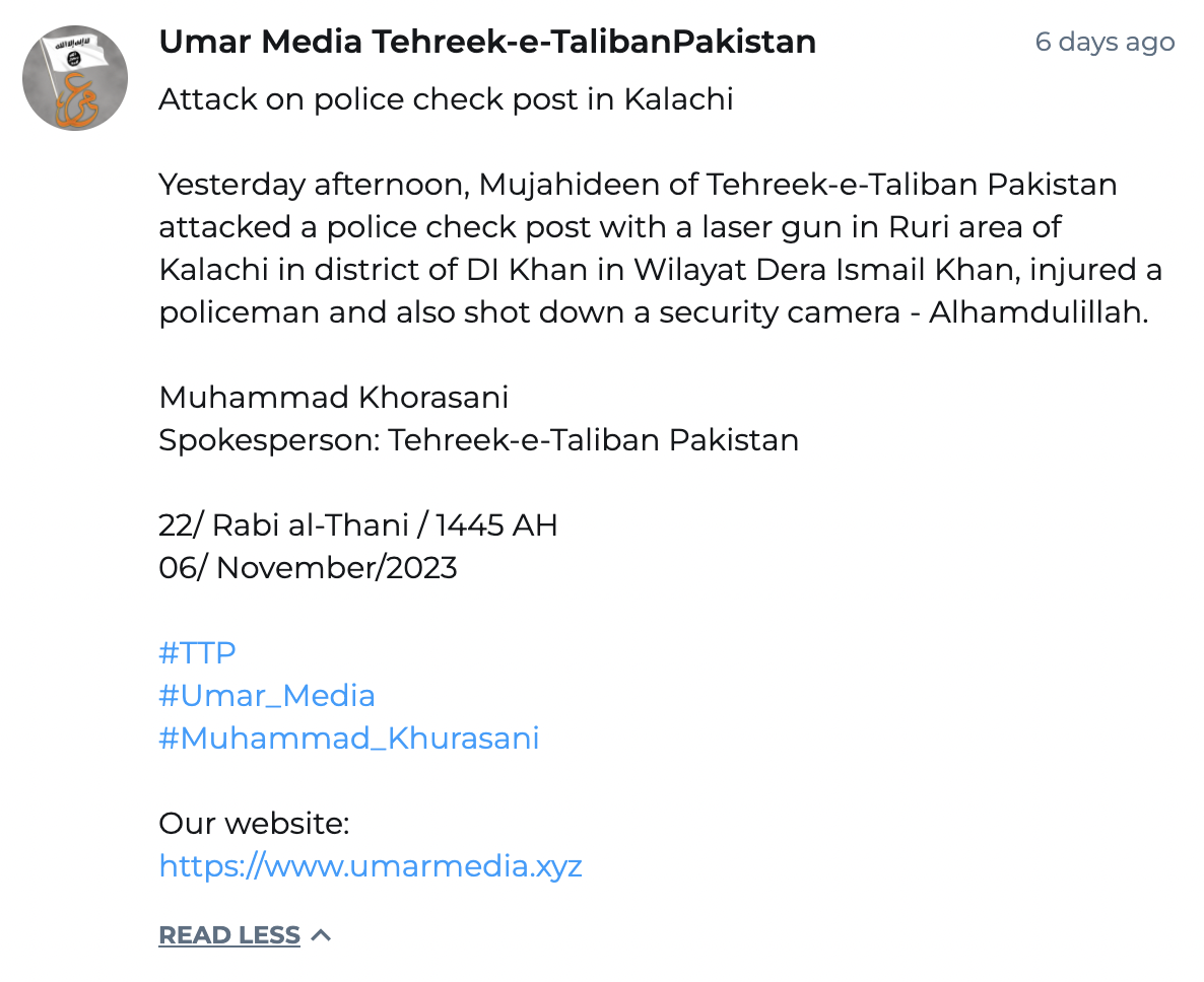 (Claim) Tehreek-e-Taliban Pakistan (TTP) Militants Armed Assault on a Pakistani Police Check Post, with a Laser Gun, in Ruri Area, Kalachi Tehsil, Dera Ismail Khan, Pakistan – 6 November 2023