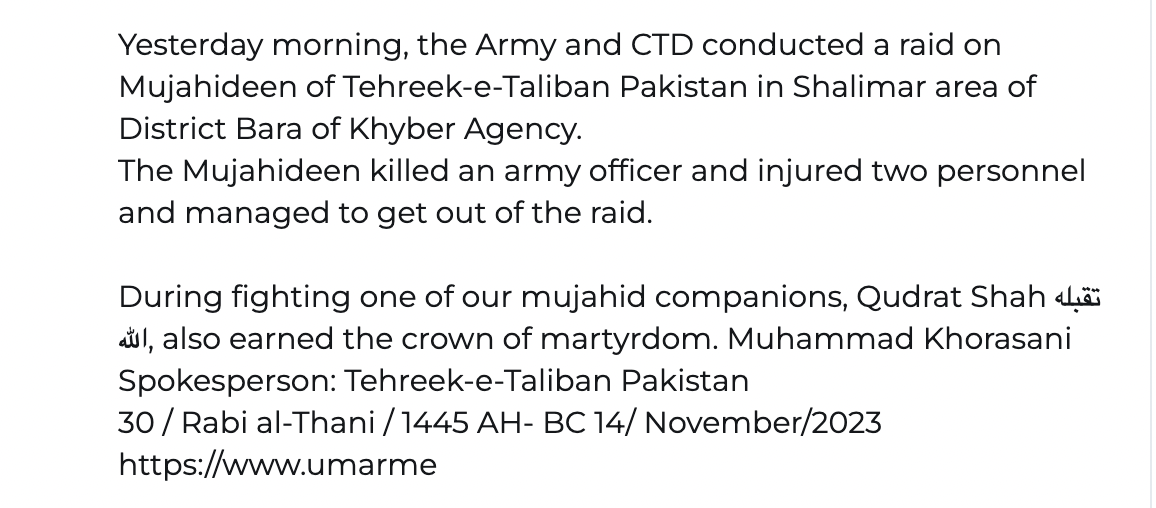 (Claim) Tehreek-e-Taliban Pakistan (TTP) Militants Clashed with Pakistani & CTD Forces, Killing an Army Officer, in Shalimar Area, Bara Tehsil, Khyber Pakhtunkhwa, Pakistan – 14 November 2023