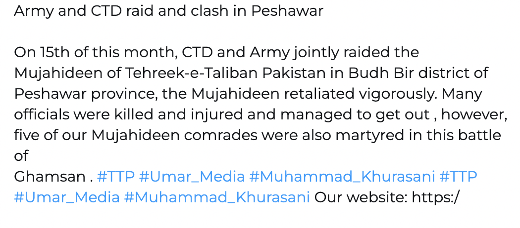 (Claim) Tehreek-e-Taliban Pakistan (TTP) Militants Clashed with the Pakistani Military in Budh Bir District of Bara Tehsil, Peshawar, Pakistan – 15 November 2023