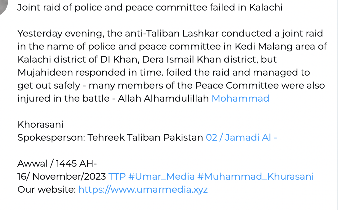 (Claim) Tehreek-e-Taliban Pakistan (TTP) Militants Clashed with Pakistani Armed Forces in Kedi Malang Area, Kalachi Tehsil, Dera Ismail Khan, Pakistan – 16 November 2023