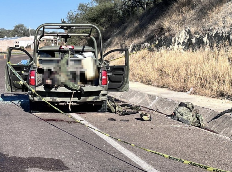 Elements of the Jalisco New Generation Cartel (CJNG) Open Fire From an Armored Vehicle on an Army Unit in a Driving-By Attack, Teocaltiche, Jalisco, Mexico - 19 November 2023