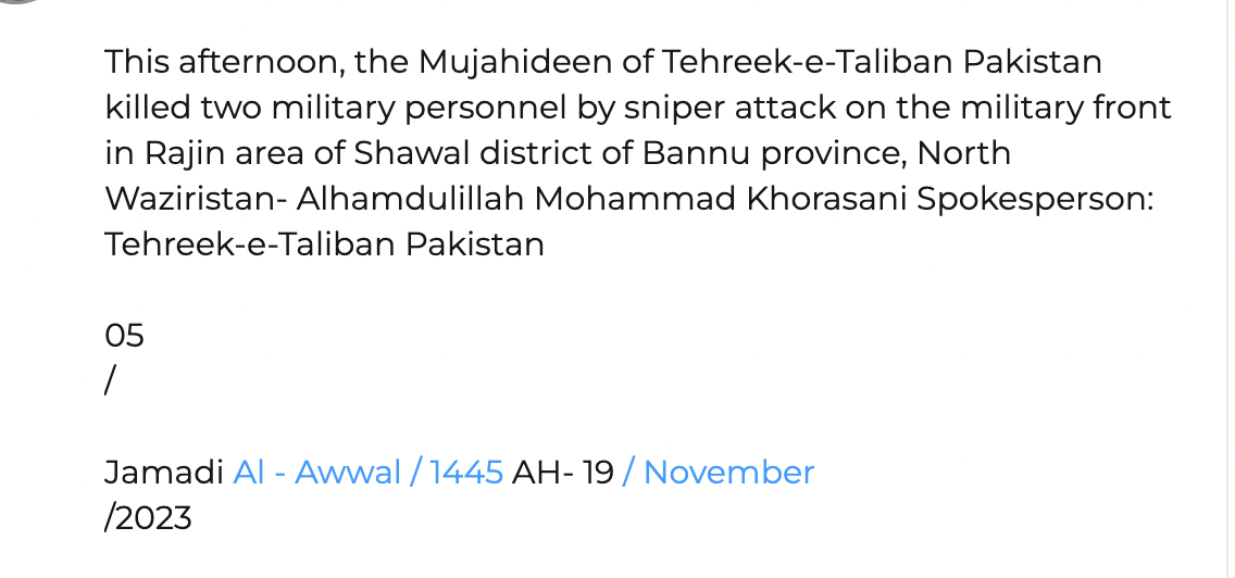 (Claim) Tehreek-e-Taliban Pakistan (TTP) Sniper Assassinated Two Pakistani Army Officers, in Rajin Area of Shawal Tehsil, South Waziristan, Khyber Pakhtunkhwa, Pakistan - 19 September 2023
