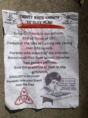 (Flyers/Right Wing Extremism) Trinity White Knights of Ku Klux Klan (KKK) Recruitment Flyers Found in Carmel and Fishers Neighborhoods, Indiana, United States - 6 November 2023