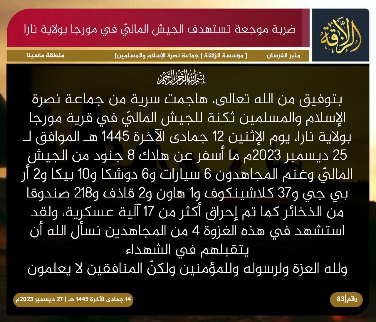 TRAC Incident Report: Jama’at Nusrat al-Islam wa al-Muslimin (JNIM) Militants Led an Armed Assault on FAMA Forces at Barracks in Mourdiah, Koulikoro Region, Mali - 25 December 2023