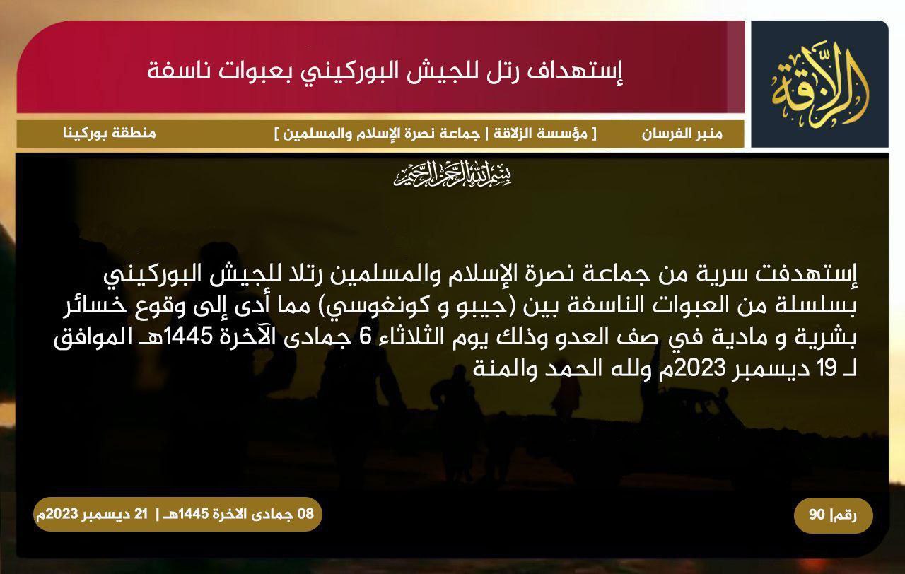 TRAC Incident Report: Jama’at Nusrat al-Islam wa al-Muslimin (JNIM) Militants Detonated IEDs Targeting Burkinabe Forces Between Djibo and Kongoussi, Soum and Bam Provinces, Burkina Faso - 19 December 2023