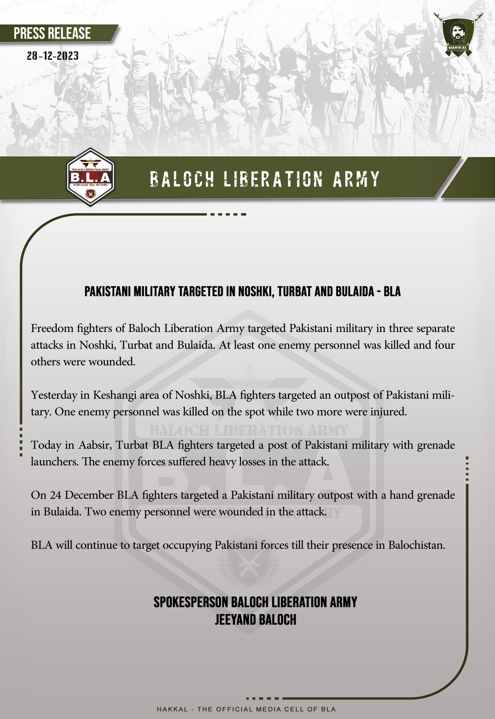 TRAC Incident Report: Baloch Liberation Army (BLA) Armed Assault Targeted Pakistani Military Post, in Keshangi, Balgani, Noshki, Balochistan, Pakistan – 27 December 2023