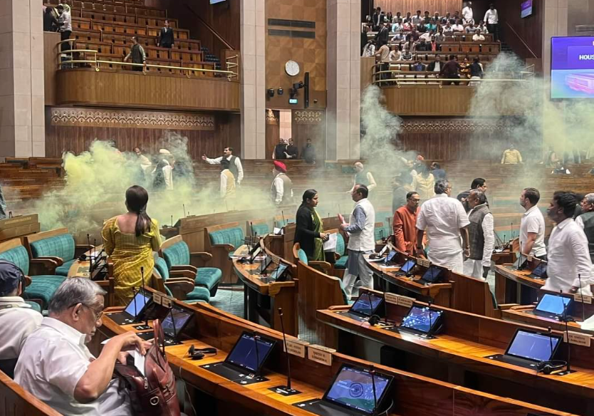 (Chatter) Security Breach in Parliament of India, Two Visitors Jumped into the House and Disrupted House Proceedings, in Indian Parliament, New Delhi, India - 13 December 2023