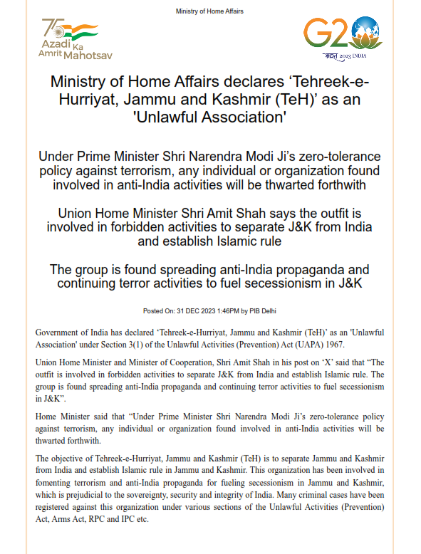 (Statement) Government of India Declared Tehreek-e-Hurriyat (TeH) as an Unlawful Association in New Delhi, India - 31 December 2023