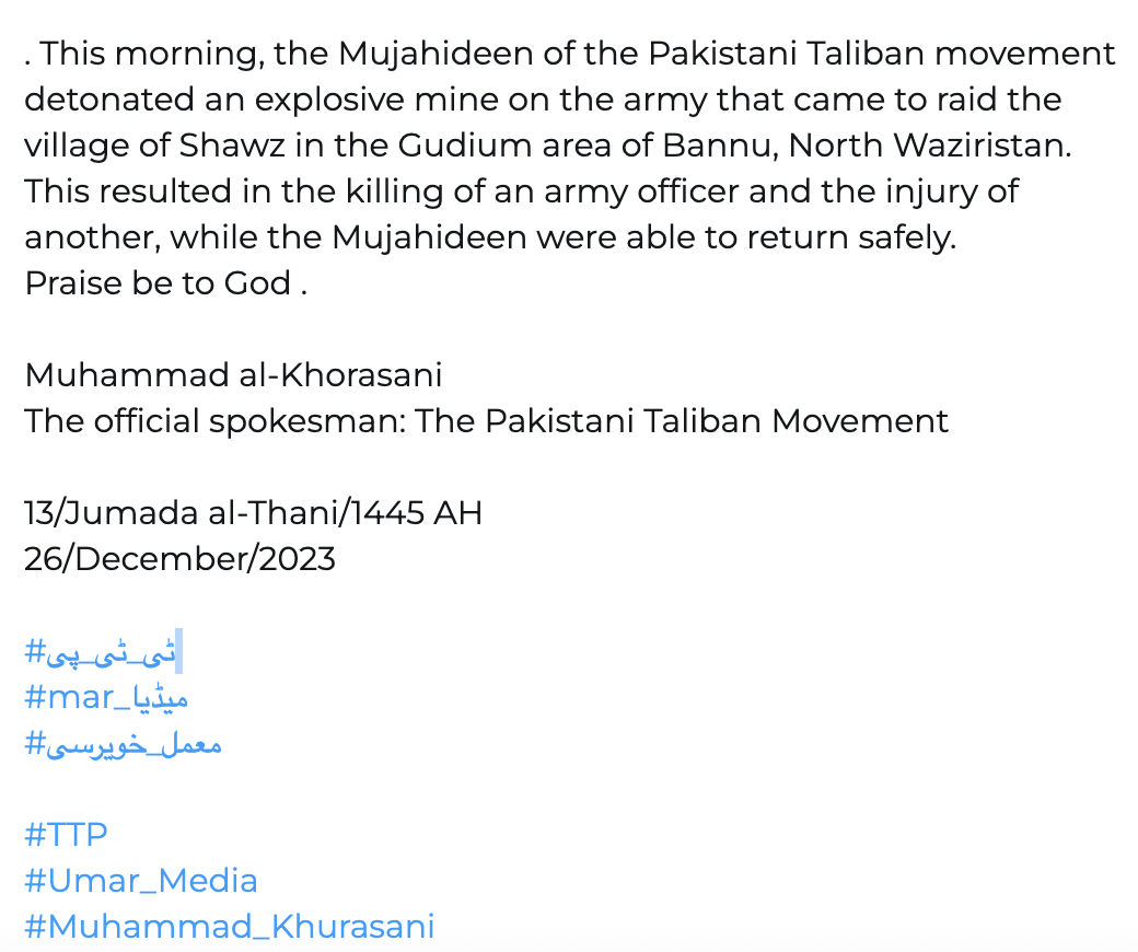 (Claim) Tehreek-e-Taliban Pakistan (TTP) Militants Targeted Soldiers during a Military Raid with a Mine, in Shawz Village, Gudiyum Tehsil, Bannu District, North Waziristan, Pakistan – 26 December 2023