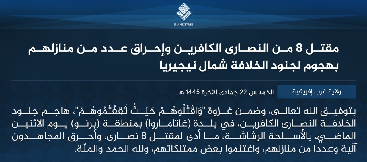 TRAC Incident Report: Islamic State West Africa (ISWA) Armed Assault Targets Christians as a Part of the "And Kill Them Wherever You Find Them" Campaign in Gatamwarwa [Gatamaroa] Village, Chibok, Borno State, Nigeria - 1 January 2024