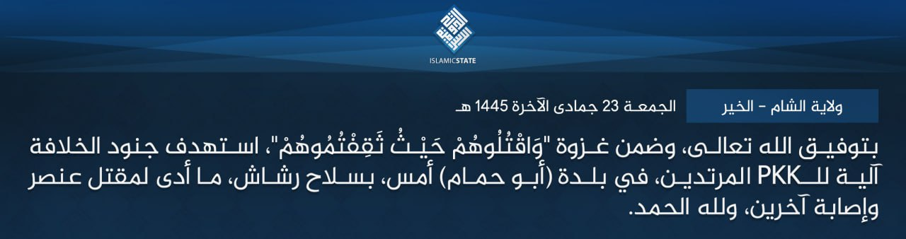TRAC Incident Report: Islamic State (IS) Armed Assault Targets a Vehicle of the Syrian Democratic Forces (SDF/PKK) as a Part of the "And Kill Them Wherever You Find Them" Campaign in Abu Hamam, Abu Kamal District, Deir Ezzor, Syria - 4 January 2024