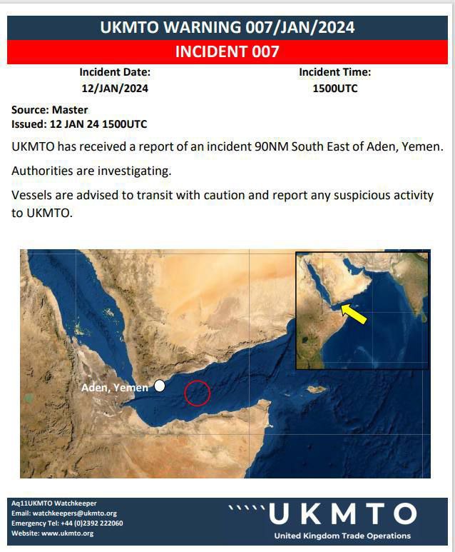 (Chatter) Suspected Houthi (Ansarallah) Militants Launched a Number of Ballistic Missiles on Cargo Ships Travelling Through the Red Sea, South East of Aden - 12 January 2024