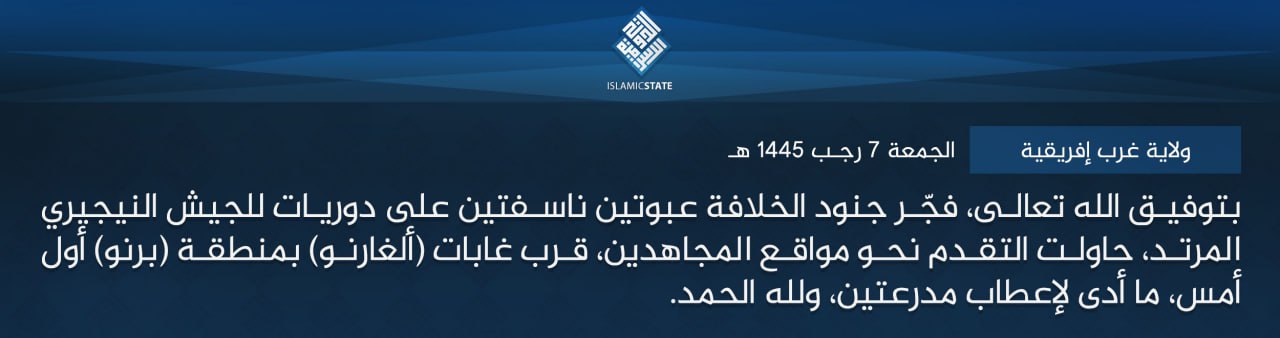 TRAC Incident Report: Islamic State West Africa (ISWA/Wilayat Gharb Afriqiyah) Militants Targeted a Nigerian Army Foot Patrol with Two IEDs, while Attempting to Advance into the Algarno (Sambisa) Forest, Damboa LGA, Borno State, Nigeria – 17 January 2024