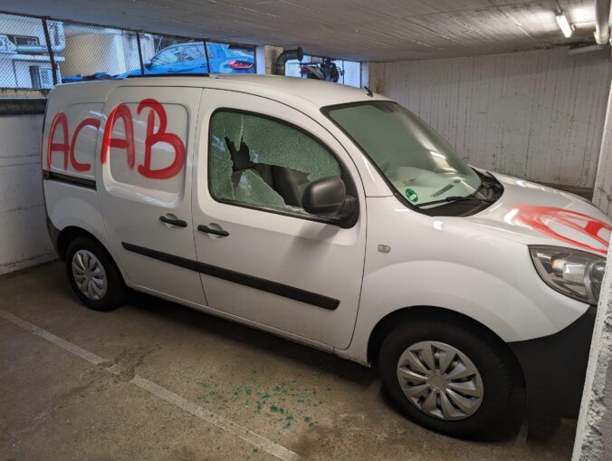 (Claim / Anonymous Anarchist) Anarchists Claim Responsibility for Vandalism on 2 German Police Union (Gewerkschaft der Polizei) Vehicles, Berlin, Germany - 04 February 2024