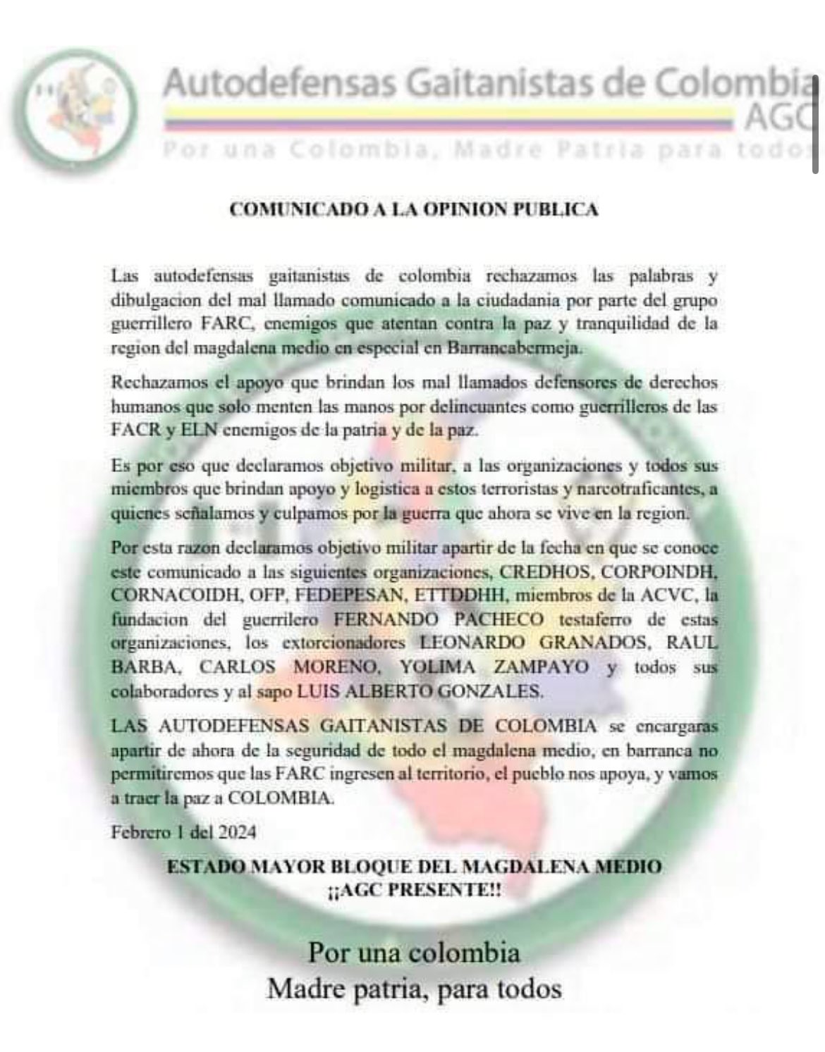 Autodefenses Gaitanistas de Colombia (AGC) Circulates a Pamphlet, Declaring the Social Organizations 'Military Objective', Barrancabermeja, Santander, Colombia - 01 February 2024