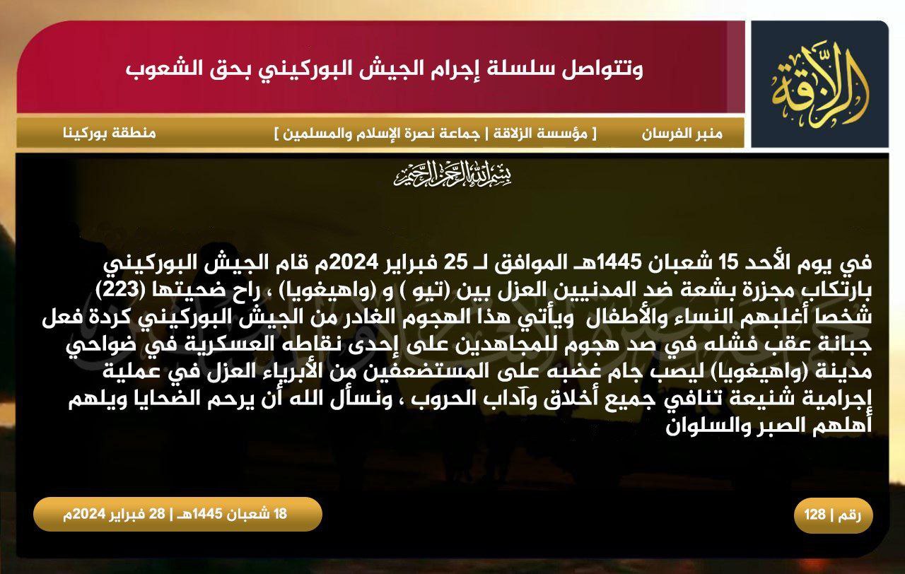 (Chatter) Jama’at Nusrat al-Islam wa al-Muslimin (JNIM) Accused Burkinabe Military of Killing Civilians on N2 Between Thiou and Ouahigouya, Yatenga Province, Burkina Faso – 25 February 2024