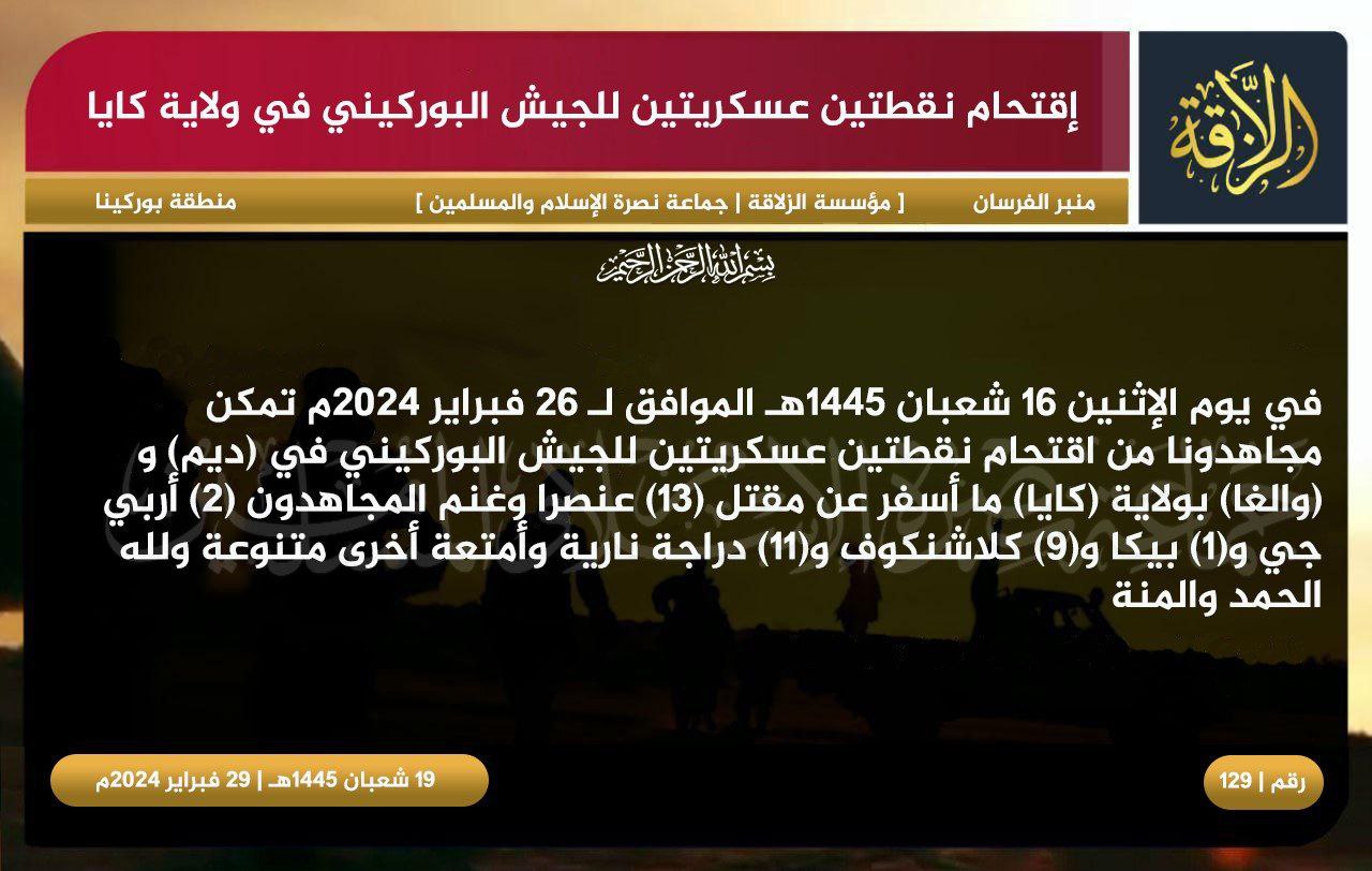 TRAC Incident Report: Jama’at Nusrat al-Islam wa al-Muslimin (JNIM) Militants Led an Armed Assault on Burkinabe Forces Between Oualga and Dem, Sanmatenga Province, Burkina Faso - 26 February 2024
