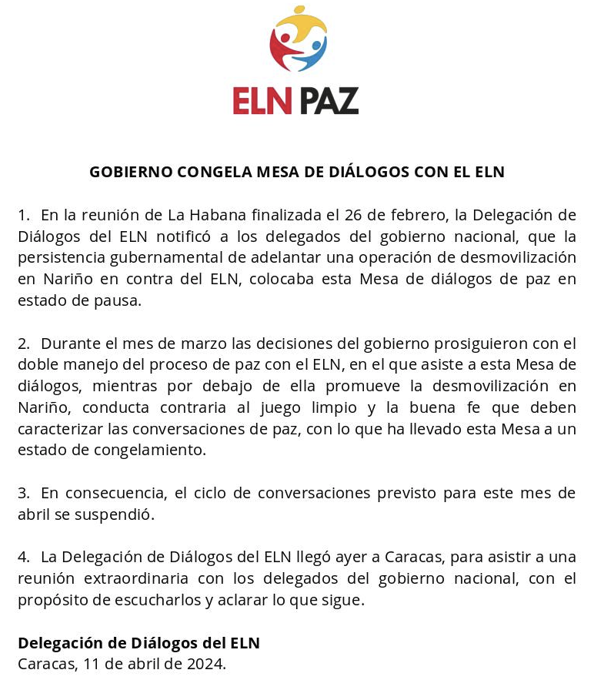 TRAC Incident Report: National Liberation Army (ELN) Announces the Suspension of the Peace Talks with the Government Scheduled for April 2024, Colombia - 11 April 2024