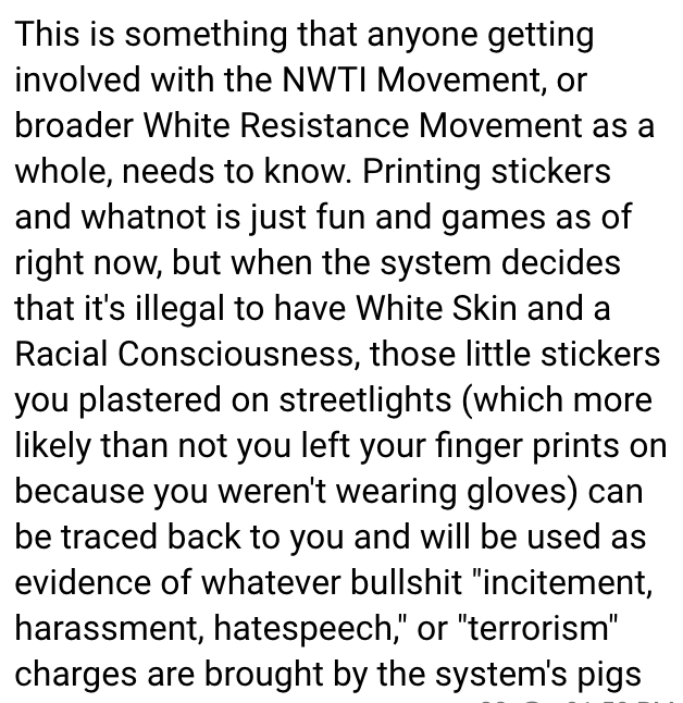 (Instruction) Northwest Territorial Imperative (NWTI) Urges White Nationalists to Wear Gloves While Printing and Distributing Flyers, United States - 3 April 2024