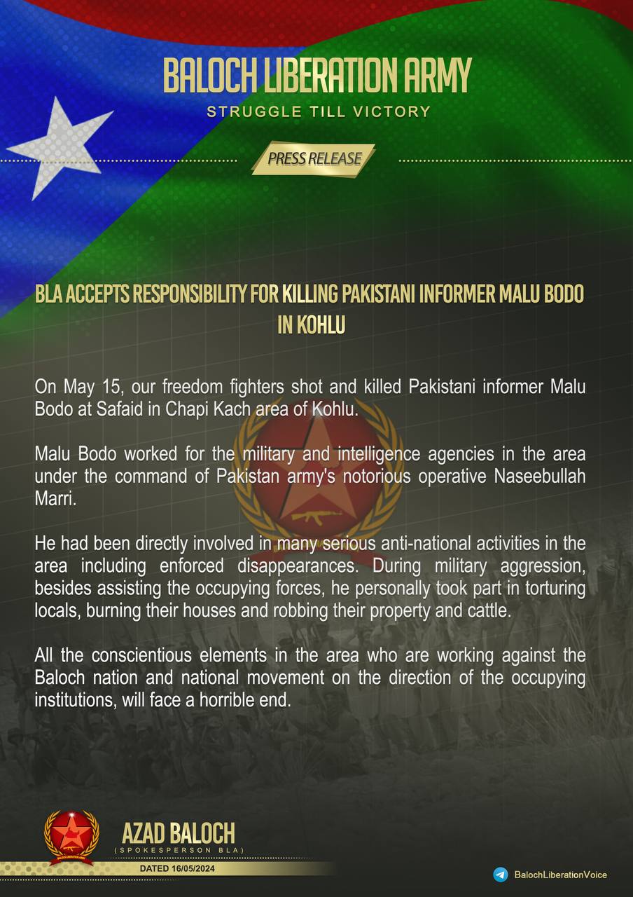 TRAC Incident Report: Baloch Liberation Army (BLA) Militants Kill Inter-Services Intelligence (ISI) Informant, Malu Bodo, Safaid, Chapi Kach, Kohlu, Balochistan, Pakistan - 15 May 2024