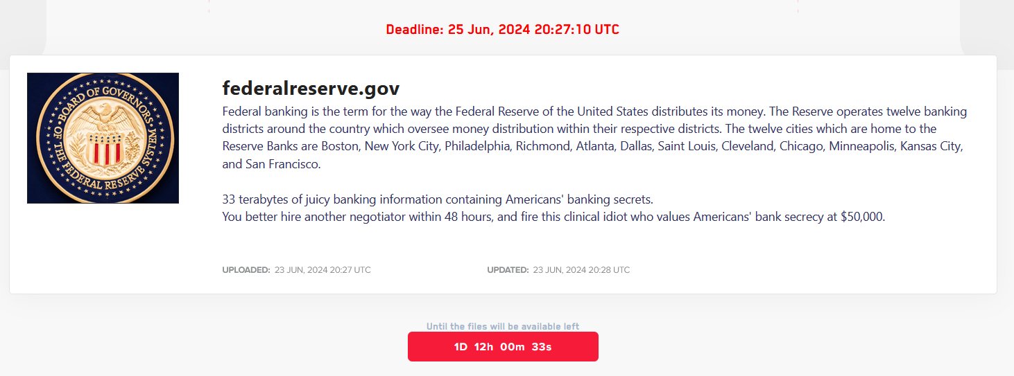 LockBit Hackers Breach the United States Federal Reserve Bank, Threatening to Release 33 Terabytes of Stolen Data, United States - 23 June 2024