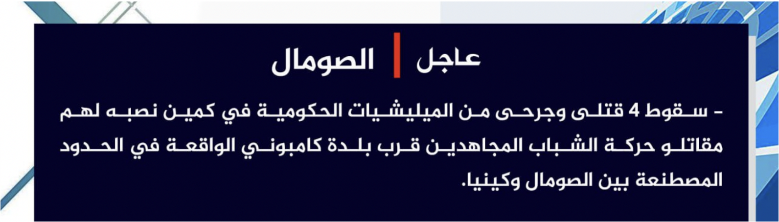 TRAC Incident Report: Al-Shabaab Ambushed Government Militias, Killing 4 With Others Injured, in Kamboni, Badhaadhe District, Somalia - 11 June 2024
