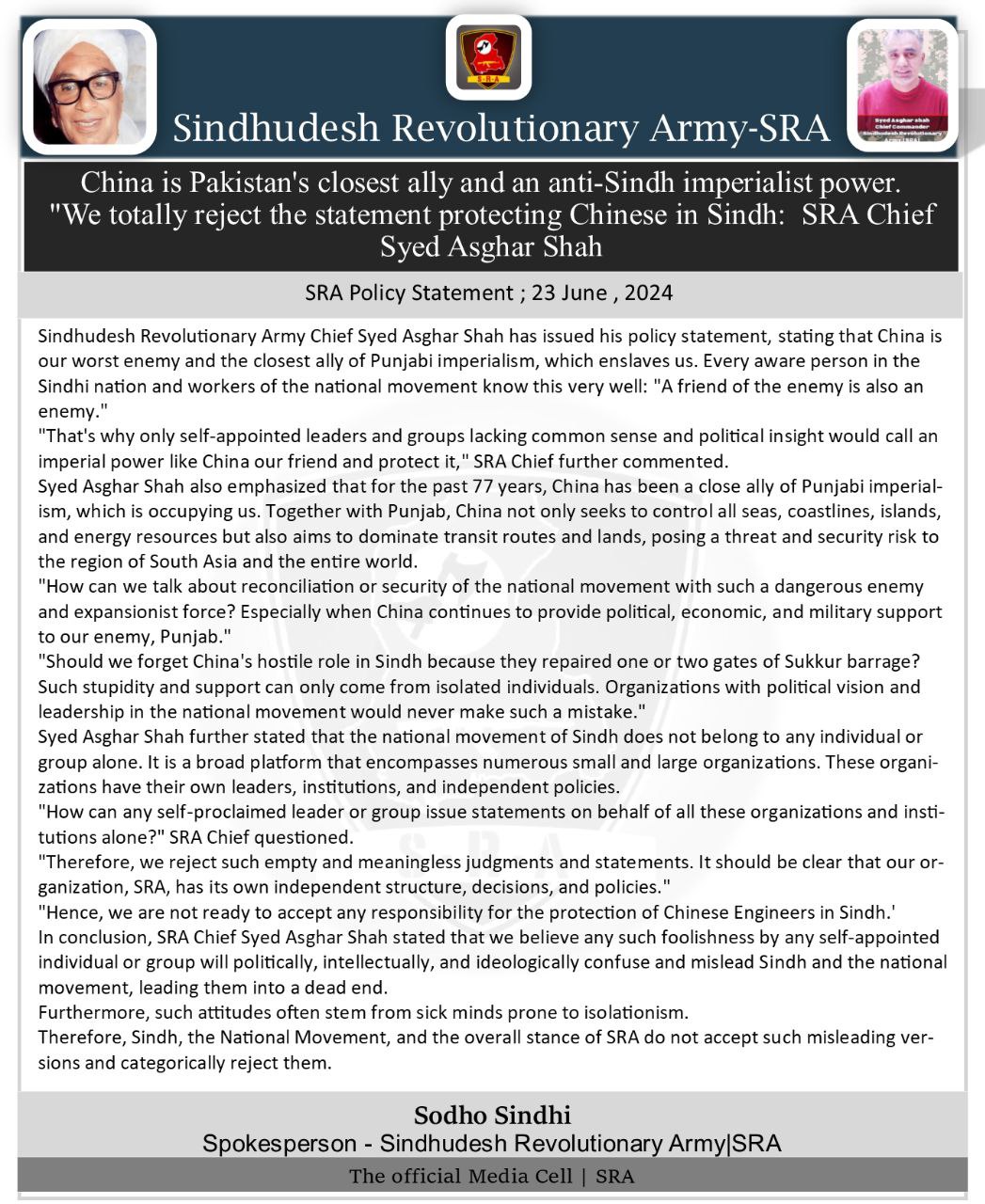 TRAC Incident Report: Sindhudesh Revolutionary Army (SRA) Issue Statement Condemning Chinese and Punjabi Imperialism, Sindh, Pakistan - 23 June 2024
