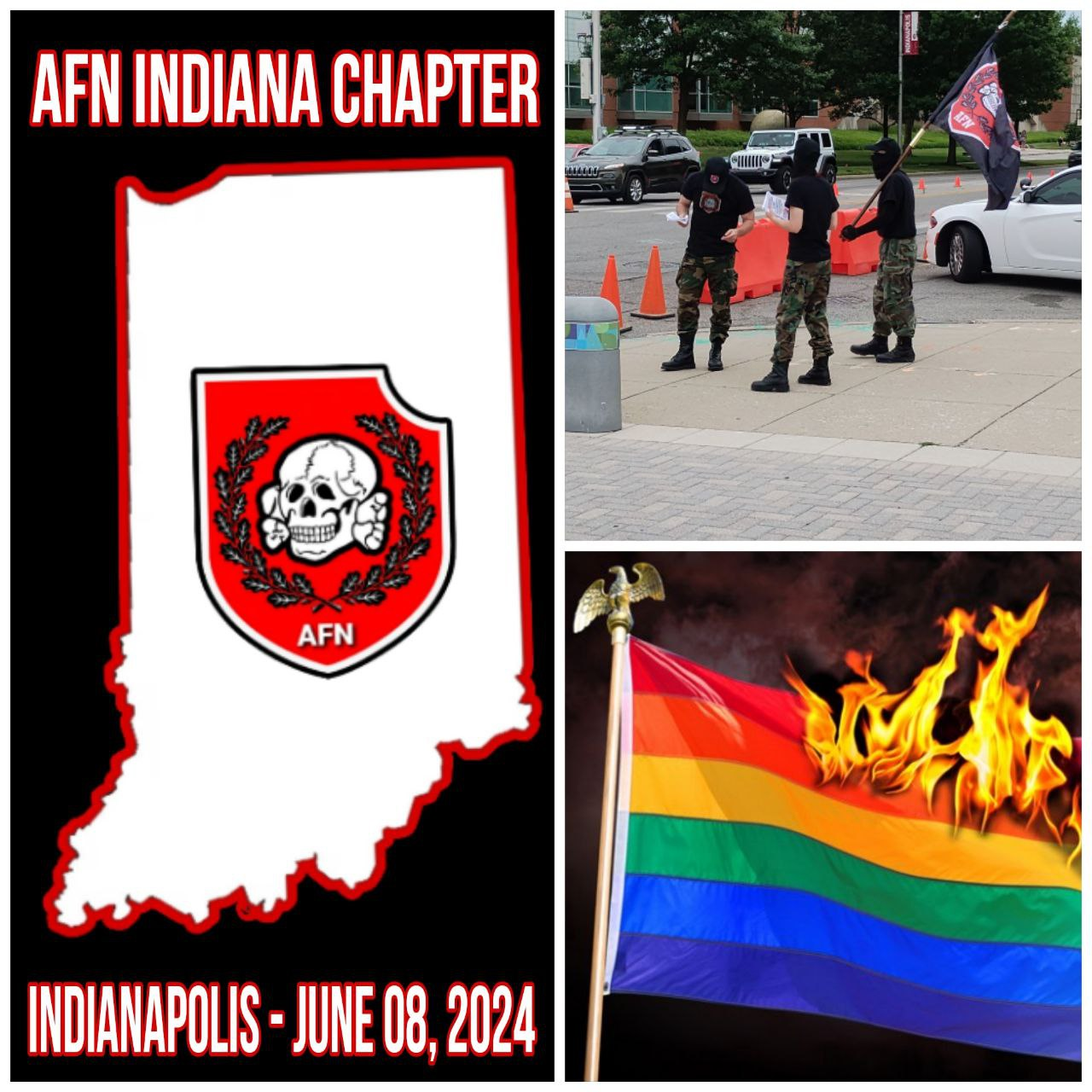 (Poster/Right Wing Extremism) Aryan Freedom Network (AFN) Members Protest a Pride Event in Indianapolis, Indiana, United States - 8 June 2024