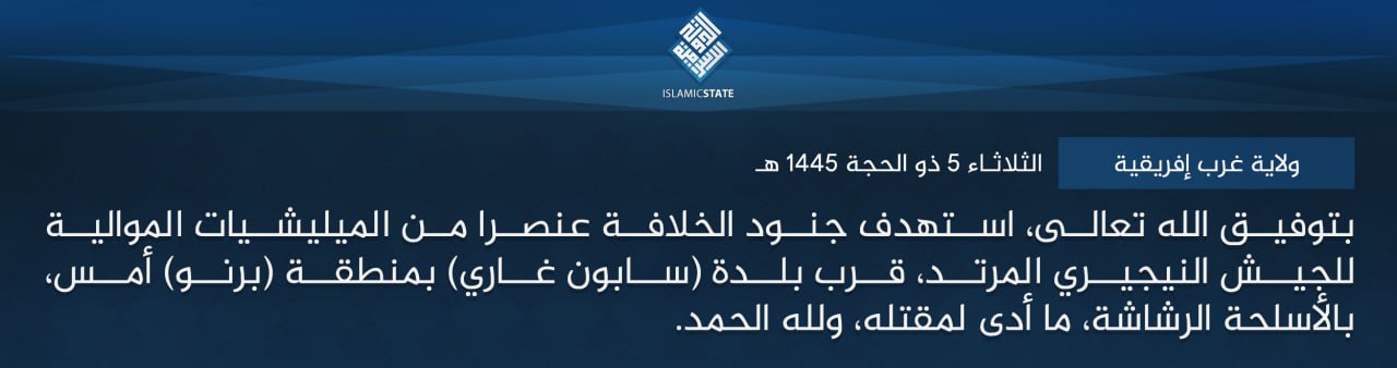 TRAC Incident Report: Islamic State West Africa (ISWA/Wilayat Gharb Afriqiyah) Militants Assassinated a Militia Element Loyal to the Nigerian Armed Forces, in Sabon Gari Gana, Borno State, Nigeria – 9 June 2024