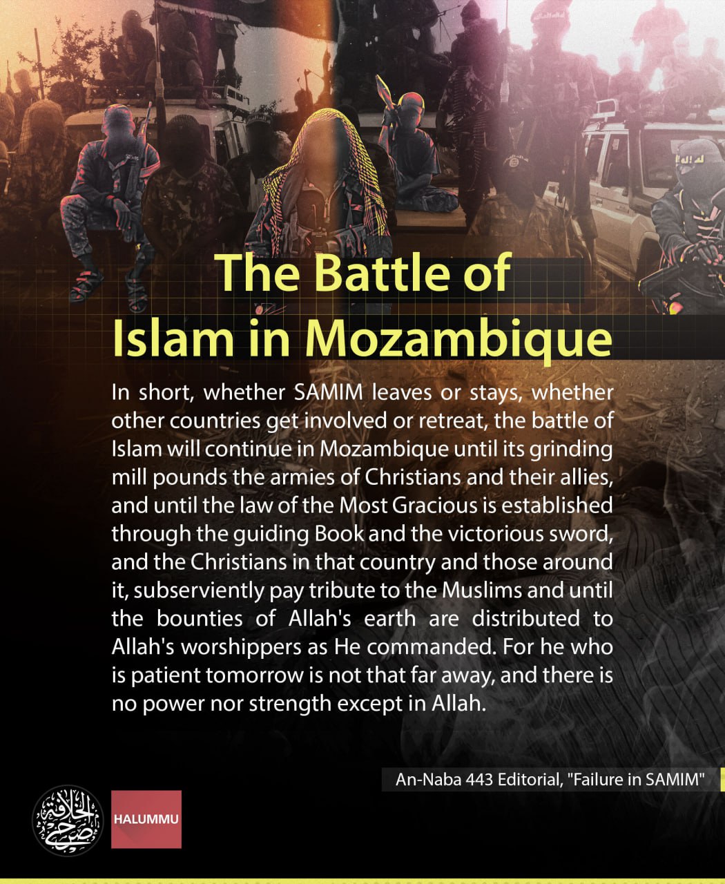(Poster) Sarh al-Khilafa (Unofficial Islamic State): Naba Editorial #443 "The Battle of Islam in Mozambique" - 16 June 2024