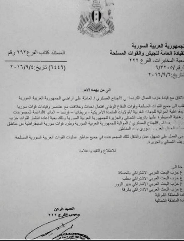 (Archive) Syrian Military Intelligence (SAA) Directive on Allied Coordination and Operations - 4 June 2016
