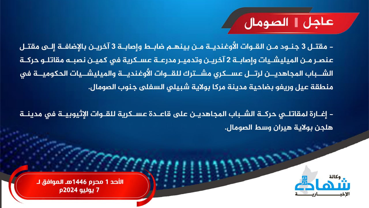 Al-Shabaab Militants Target Ugandan Forces with an Improvised Explosive Device (IED), Killing Three Soldiers and Injuring Three Others, Merca, Lower Shabelle, Somalia - 07 July 2024