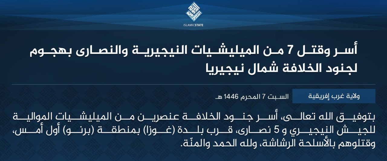 TRAC Incident Report: Islamic State West Africa (ISWA/Wilayat Gharb Afriqiyah) Militants Led an Armed Assault on Nigerian Militia Forces and Civilians in Gwoza, Gwoza LGA, Borno State, Nigeria - 11 July 2024