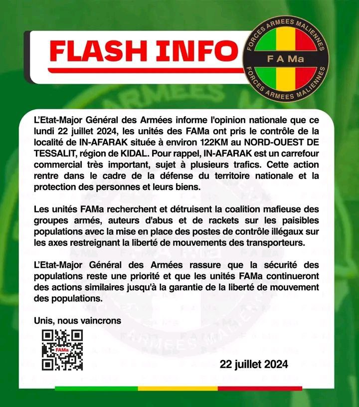 TRAC Incident Report: FAMA Forces Clash with Suspected Azawadi Forces and Retake the Town of In-Afarak, Kidal Region, Mali - 22 July 2024