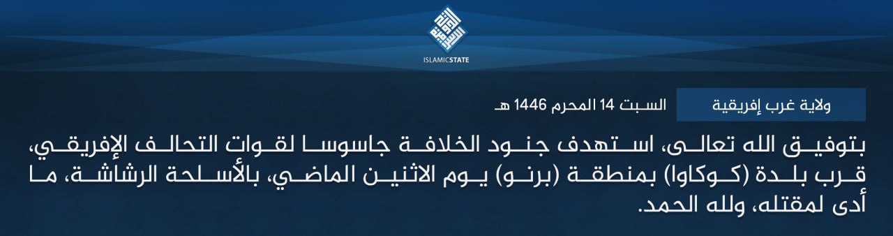TRAC Incident Report: Islamic State West Africa (ISWA/Wilayat Gharb Afriqiyah) Militants Assassinated an African Coalition Forces 'Spy' near Kukawa (F135), Borno State, Nigeria – 19 July 2024