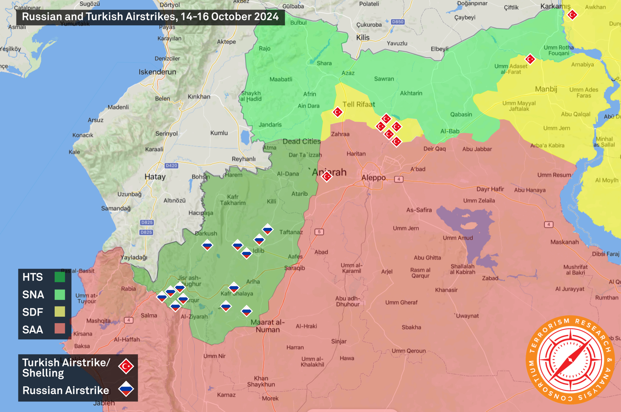 TRAC Incident Report: Turkey Strikes Syrian Arab Army (SAA) Positions Among Mutual Escalations, Aleppo Governorate, Syria - 15-16 October 2024