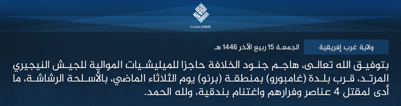 TRAC Incident Report: Islamic State West Africa (ISWA/Wilayat Gharb Afriqiyah) Militants Led an Armed Assault on a Militia Checkpoint in Gamboru Ngala, Borno State, Nigeria - 15 October 2024