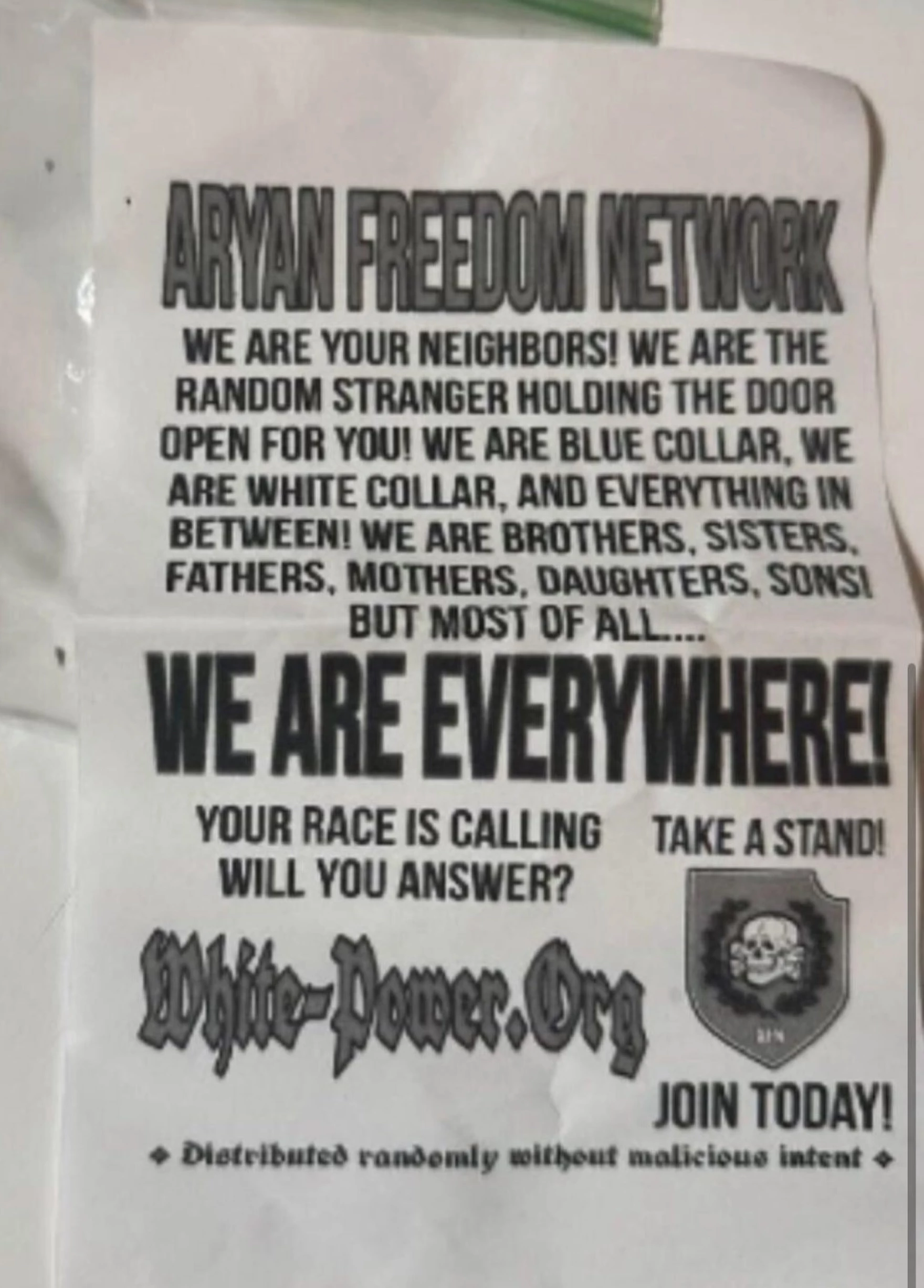 (Flyers/Right Wing Extremism) Aryan Freedom Network (AFN) Expansion to Iowa with Pro-White Flyers in Cedar Valley, Waterloo, Iowa, United States - 14 November 2024